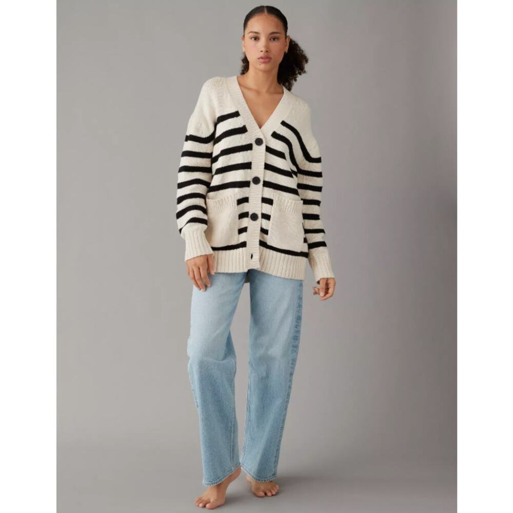 American Eagle Oversized Button-Front Long-Length Cardigan Sweater Stripe Small